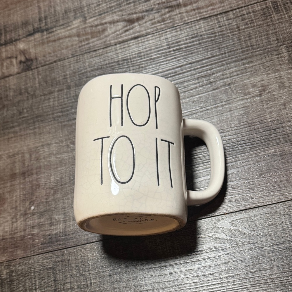 Rae Dunn Cream Easter Mug with Black 'Hop To It' Text